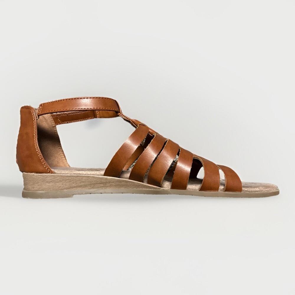 Yuu Sandals Womens 11M Hilly Slip On Ankle Strappy Wedge Brown Faux Leather